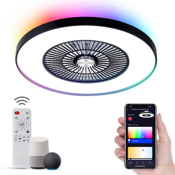 24" Ceiling Fans with Lights and Remote/APP/Voice Control, Enclosed Flush Mount Ceiling Fan for Bedroom/Living Room-Black