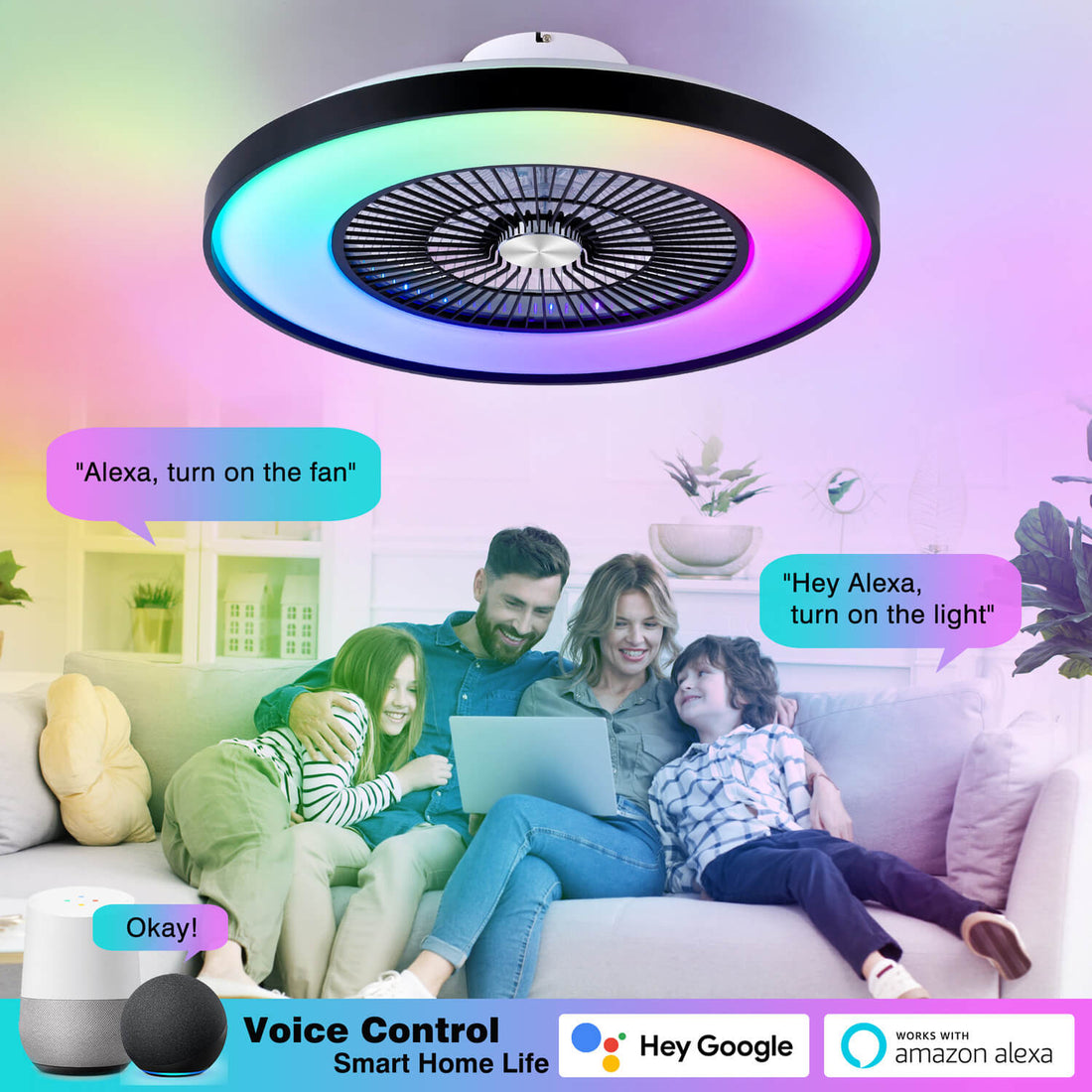 24" Bladeless Ceiling Fans with Lights and Remote/APP/Voice Control, Enclosed Flush Mount Ceiling Fan for Bedroom