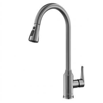 Domanki Modern Gunmetal Pull-Down Kitchen Faucet - Solid Copper Alloy Mixer Tap with 3-Mode Sprayer, Ceramic Disc Valve & Single Handle Control